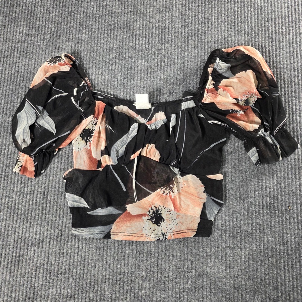 Jacaranda Mesh Floral Crop Top Black Peach Puff Sleeve Tie Back JT3625A Small